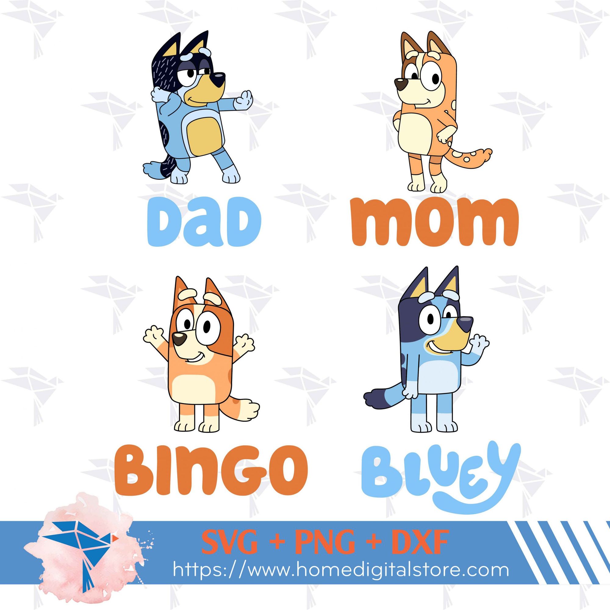 Bluey's family in a clip art style.