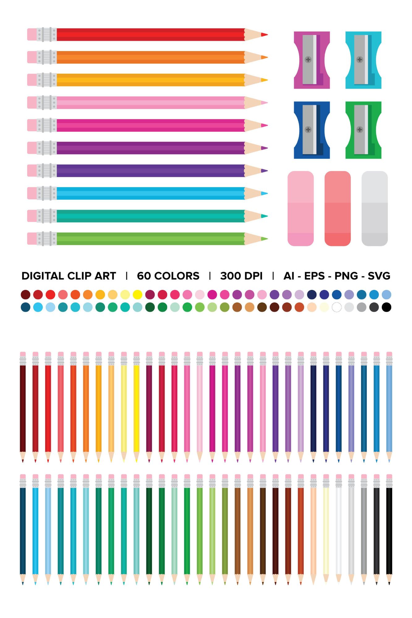 Color Pencil, Sharpener, and Eraser Clip Art, PNG, SVG, VECTOR, Pencil ...