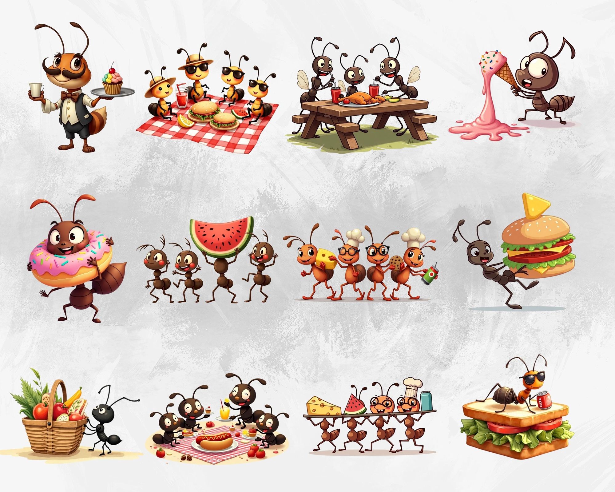 Watercolor ants for a picnic scene.