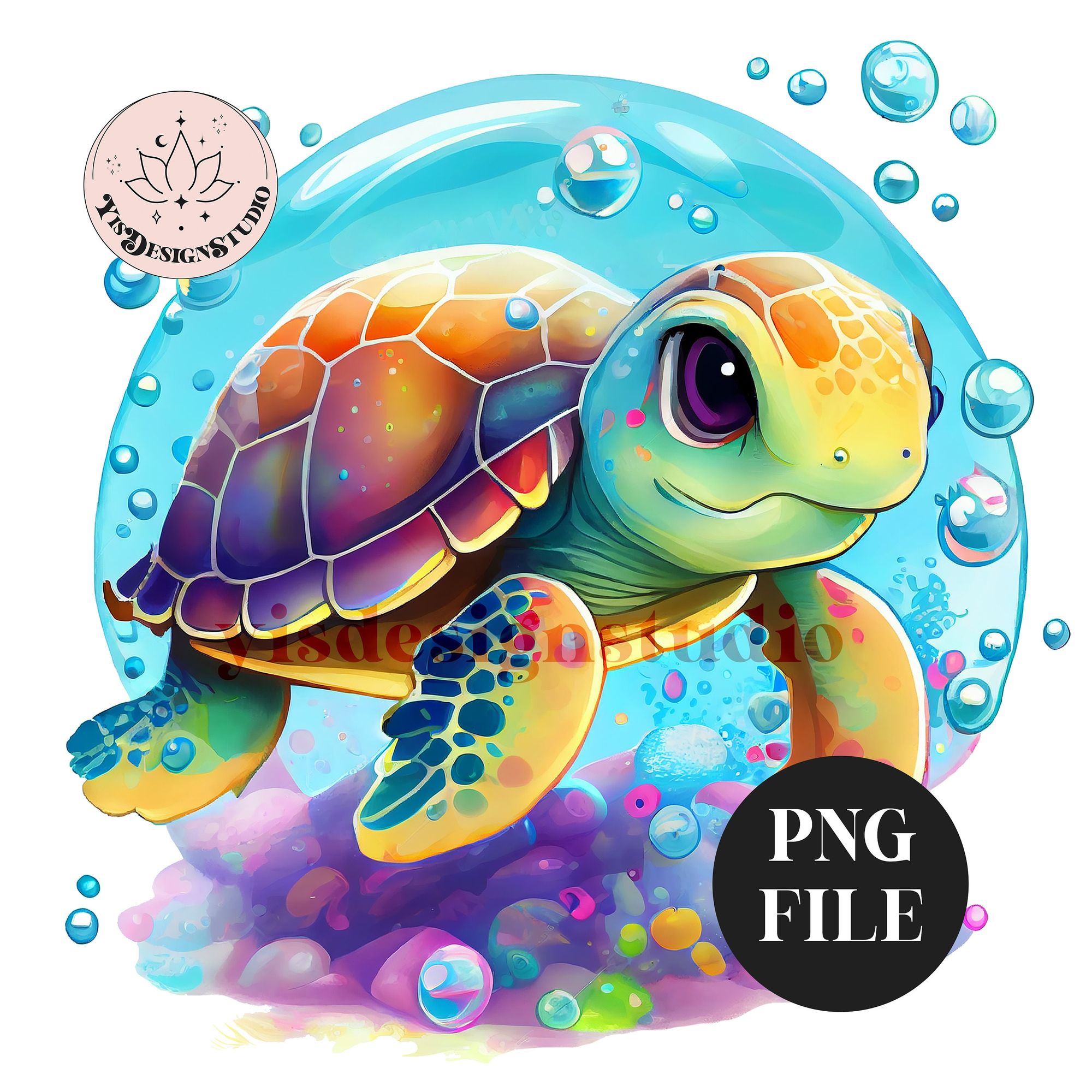 Adorable turtle illustration with a friendly face.