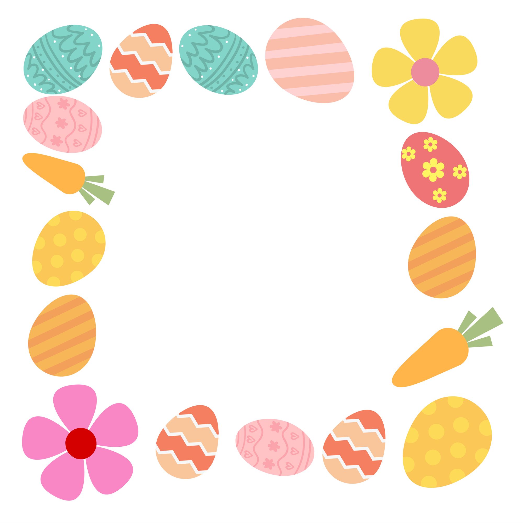 Easter eggs and carrots in a circular frame.