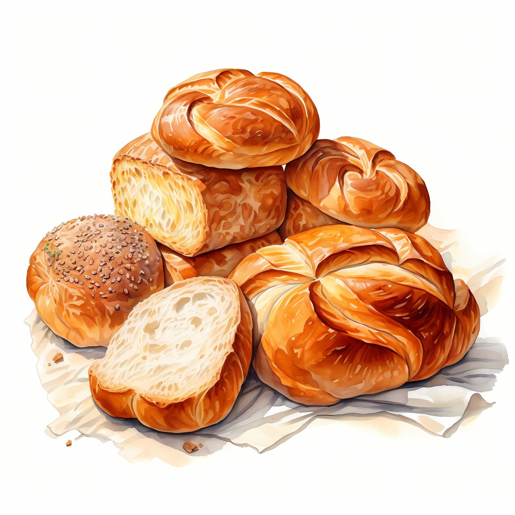 Freshly baked loaves in watercolor.