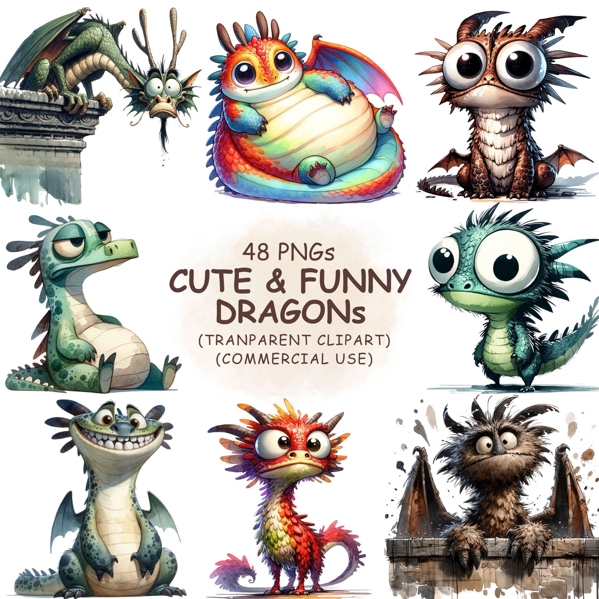 Watercolor dragons, quirky and cute.