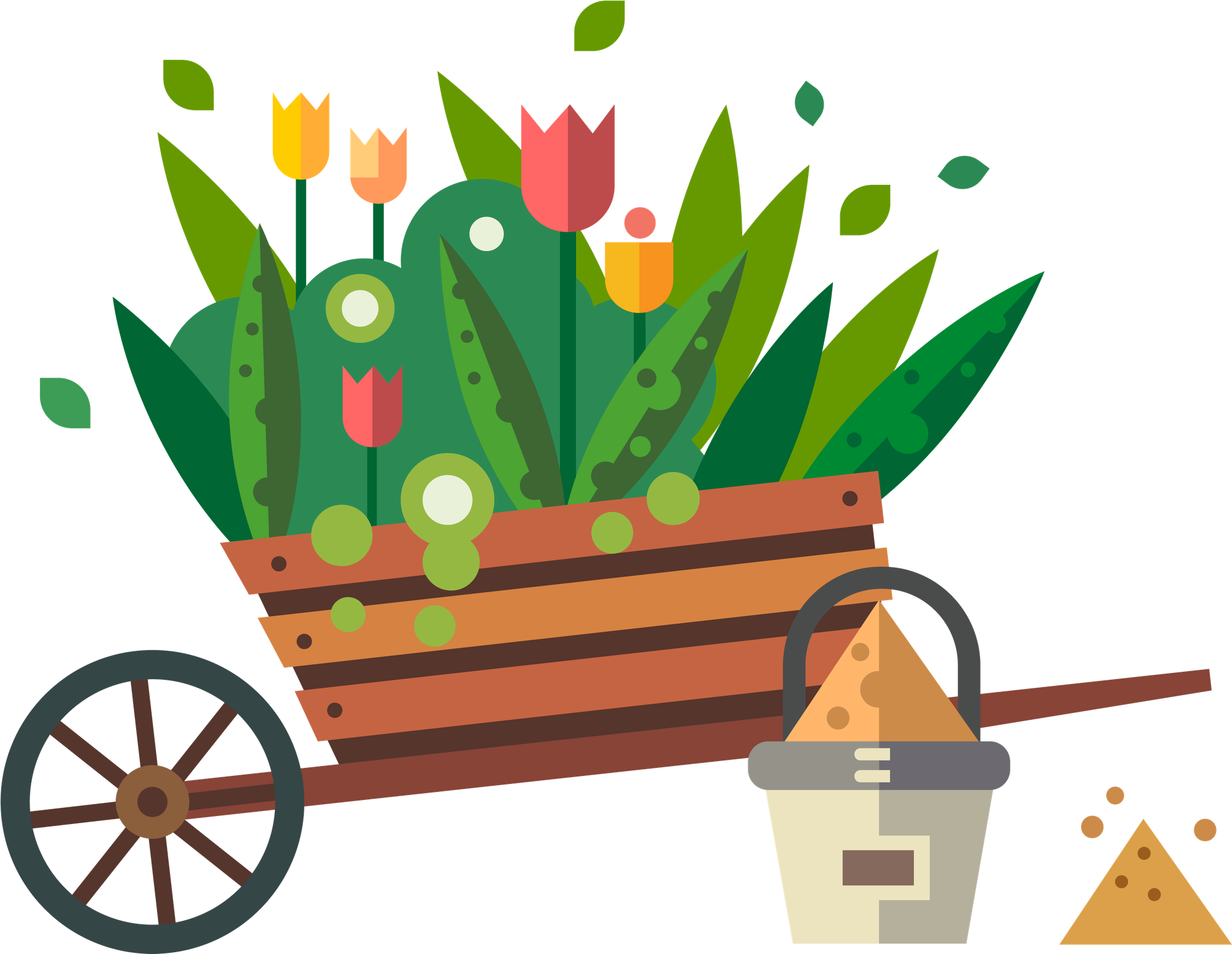 Gardening tools and plants, in PNG.