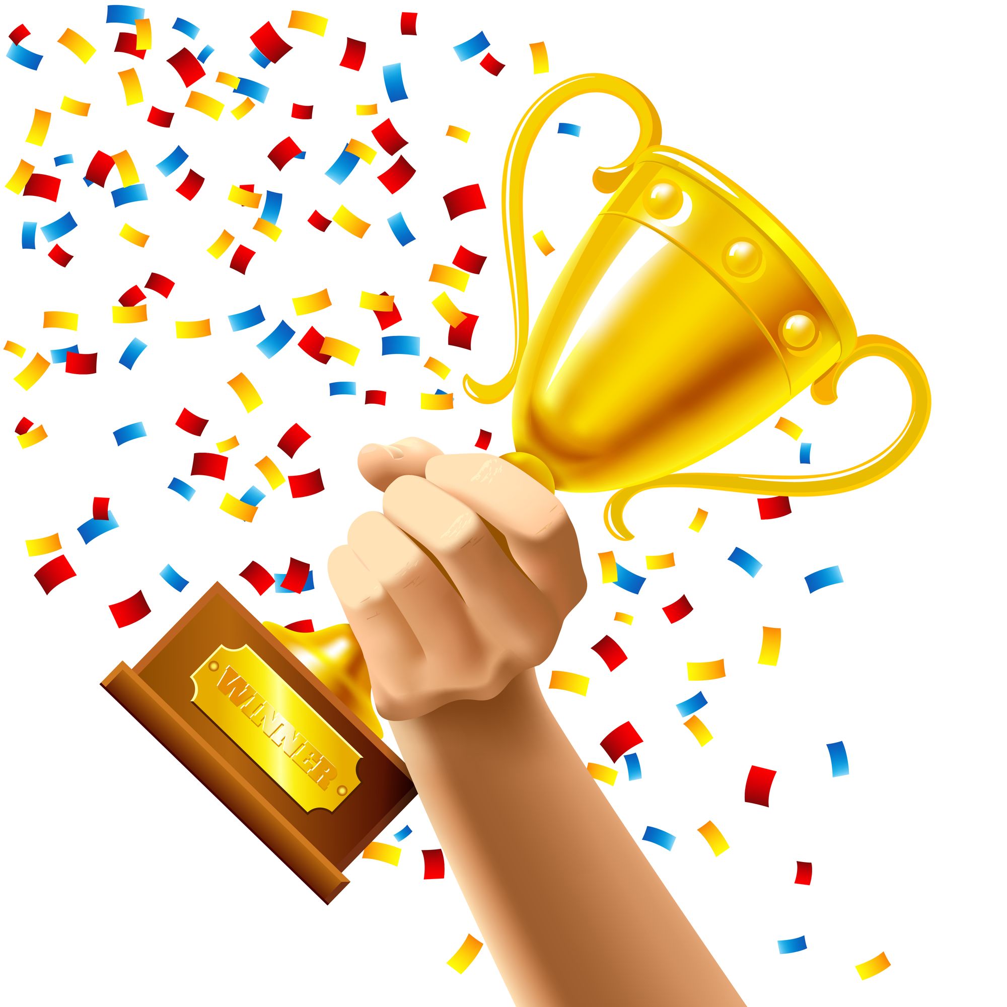 Hand holding a winner's cup, a symbol of victory.