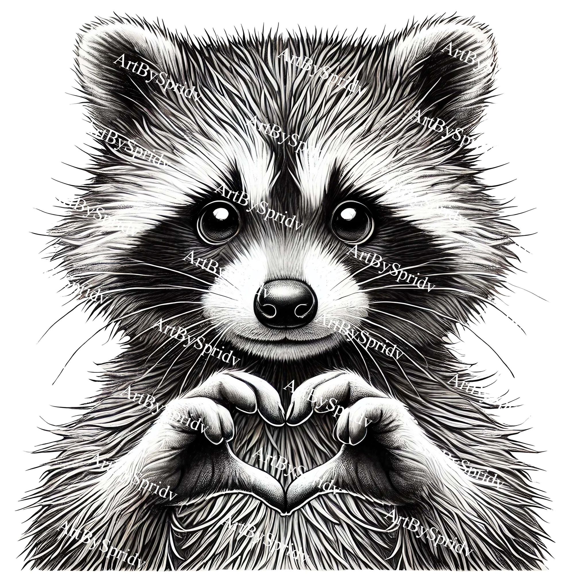 Black and white raccoon, holding a heart.