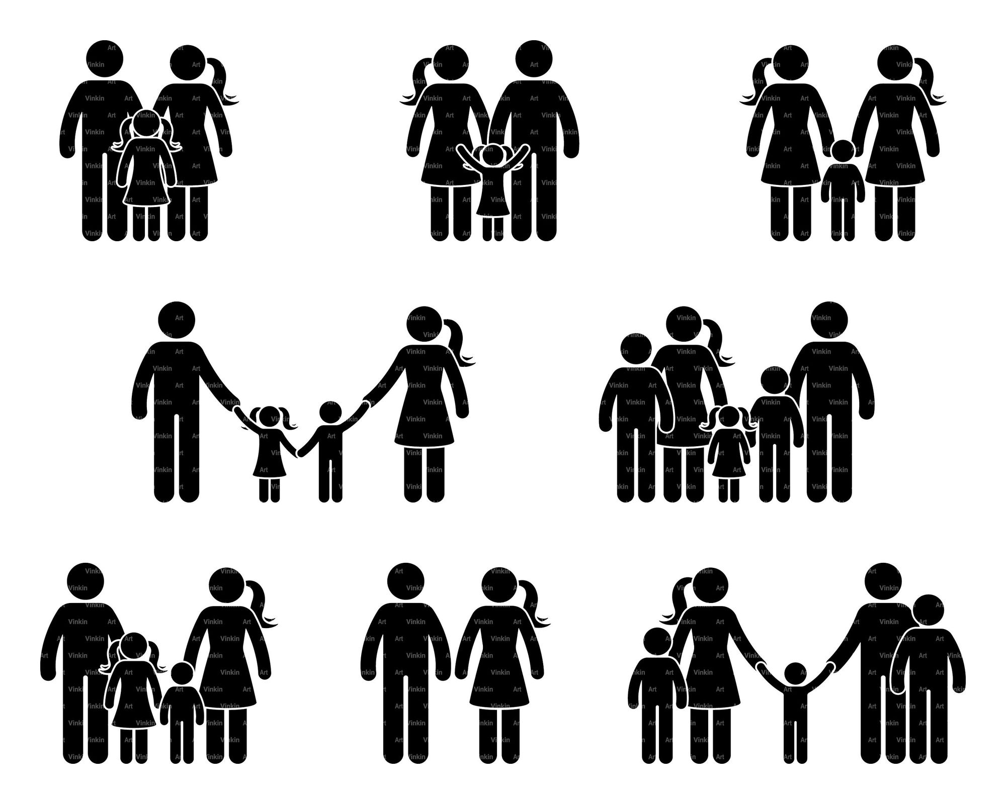 Stick figures: mom, dad, kids.