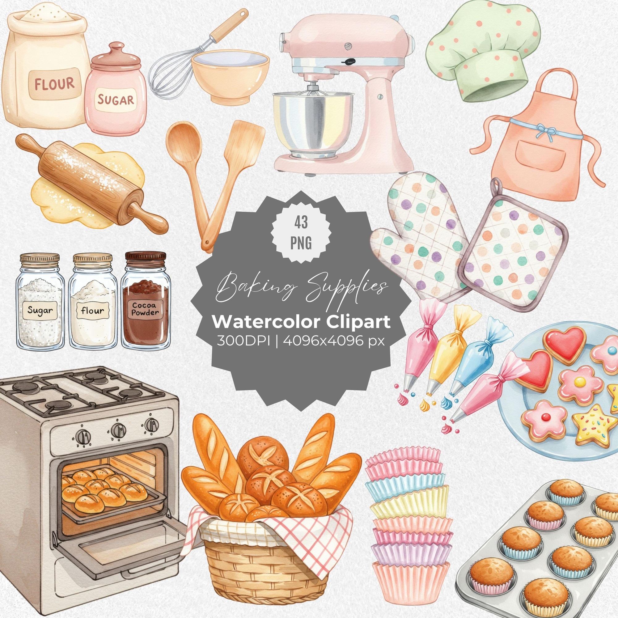 Kitchen utensils in a watercolor baking scene.