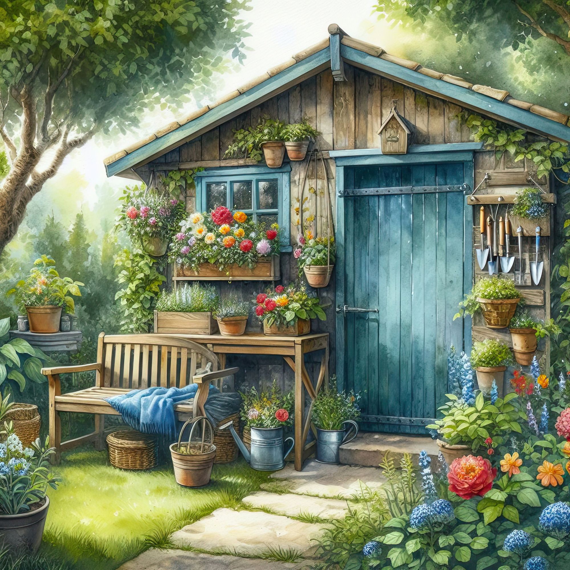 Vintage shed in a watercolor garden.