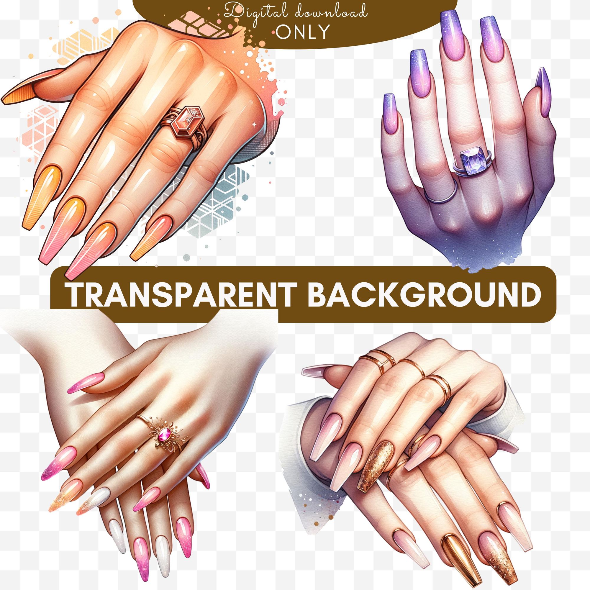 Watercolor Trendy Manicure Hands Clipart, Nail Tech Clipart, Nail ...